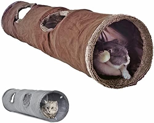 LeerKing Extra Long Cat Tunnel 51"(L) Dia 12" for Large Fat Cat Crinkle Tube connectable Indoor Outdoor Hideaway Toy for Rabbit Puppy, Brown
