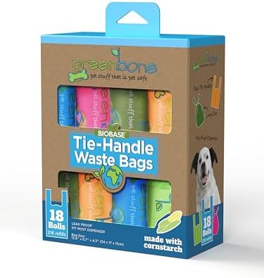 Greenbone BioBase Cat or Dog Poop Bags with Handles Tie, 18 Dispenser Rolls - 216 Bags- Large Leak Proof- Pink, Green, Orange, Blue Variety