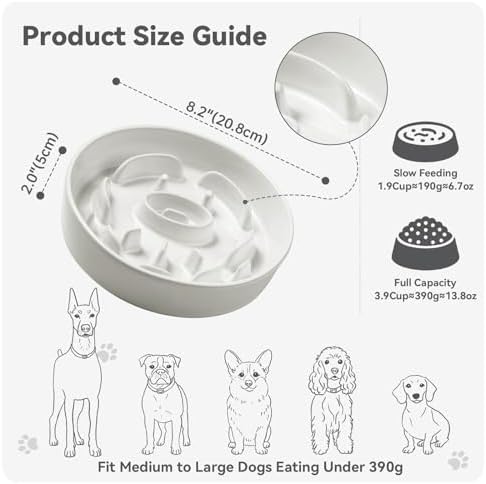 Ceramic Slow Feeder Dog Bowl, 1.8 Cups Anti -Slip Slow Feeding Bowl to Slow Down Eating, 8.2 Inch Dog Food Dish for Medium to Large Breeds, White