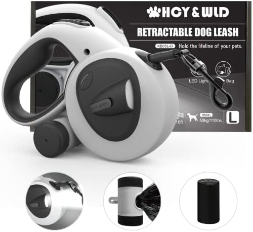 4-in-1 Retractable Dog Leash with LED Light & Dispenser & Poop Bags