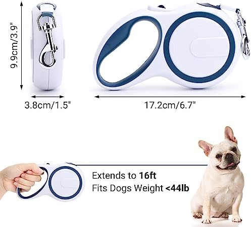 Segarty Extendable Leash, 16ft Heavy Duty Walking Dog Retractable Leash for Medium Small Dogs up to 44lb, Anti-Slip Handle 360°Tangle-Free Nylon Tape, One-Handed One Button Lock (Blue White)