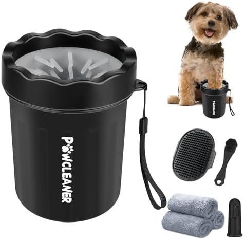 Professional 7 in 1 Dog Paw Cleaner for Dogs & Cats - Includes 1 Portable Paw Washer, 1 Bath Brush, 2 Dog Toothbrushes and 3 Absorbent Towels Note: Fits Paws up to 2 Inches Wide (Small, Black)