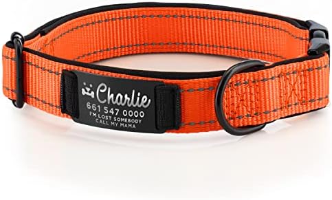 Improved - Personalized Dog Collars w/Engraved Metal ID Nameplate for Name & 3 Lines Text - Custom 20 Icons, 4 Adjustable Sizes, 10 Fonts, Dog Collar for Large Dogs, Dog ID Tag Personalized, Orange