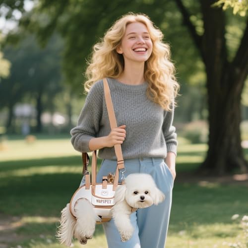 PETCUTE 4-in-1 Dog Carrier Sling,Adjustable Puppy Carriers with Storage Pocket, Hand-Free Dog Sling Carrier for Carry Small Dogs and Cats,Legs Out Pet Travel Safety Harness,Beige+Brown,S