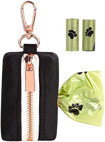ARING PET Dog Waste Bag Dispenser, Soft Black Doggy Poop Bags Holders Attach to Any Leashes, Velvet Portable Washable Pet Waste Pouch Dispenser with Metal Zipper