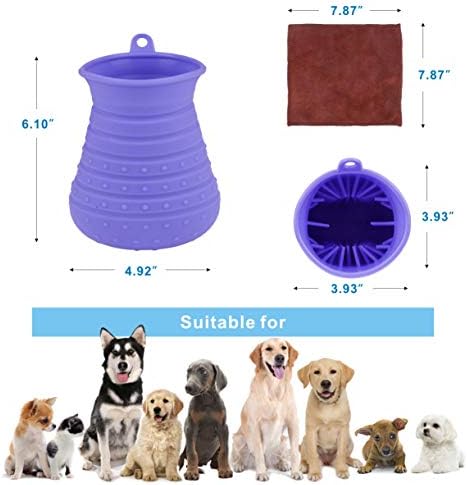 Idepet Dog Paw Cleaner Cup with Towel Pet Foot Washer Protable Dogs Cleaning Brush for Puppy Cats Massage Grooming Dirty Claws (Purple)