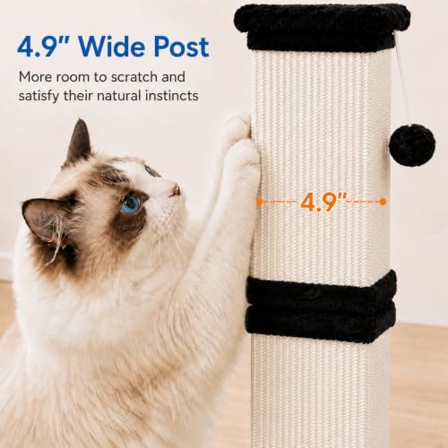 Vertical Cat Scratching Post for Indoor Cats, Sisal Scratch Tower with Soft Plush Base & Dangling Pom Ball, 32'' Tall Cat Scratcher Column, Furniture Protection, Black and White