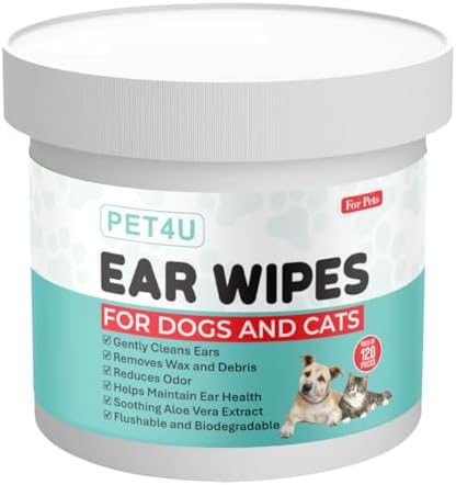 Gentle Ear Wipes for Dogs and Cats - 120 Wipes - Soothes Irritation, Removes Wax & Dirt - Safe for Sensitive Ears, with Aloe Vera & Castor Oil - Biodegradable & Flushable