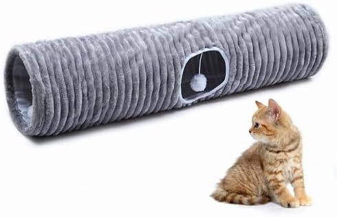 FORMYCATIE Luxurious Cat Tunnel,43" Straight Cat Tunnel Bed with Balls,Cat Toys for Indoor Cats,Collapsible Peekaboo Cat Cave for Kitten Toys (Gray Stripe)