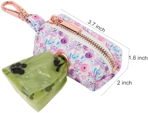 ARING PET Floral Dog Poop Bag Holder, Cotton Puppy Purple Rose Waste Bag Dispenser Attach to Any Leashes, Portable Washable Pet Waste Pouch Holder with Two Rolls of Bags