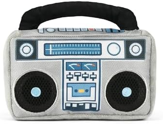 P.L.A.Y. Cute Plush Dog Toys - 1980s Classics Themed Durable Squeaker 2-in-1 Chew Toy, Great for Puppies & Small, Medium, Large Dogs - Machine Washable, Recycled Materials (Boop Box Boombox & Casette)