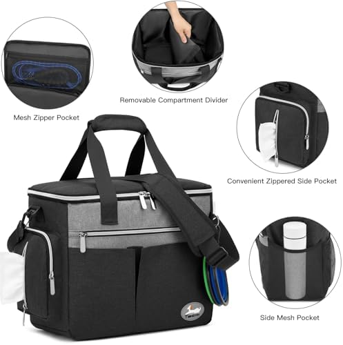 Dog Travel Bag for Pet Kit for Supplies with 2 Food Storage Containers 2 Collapsible Bowls 1 Feeding Mat 1 Dog Treat Pouch 7-Piece Set Perfect Road Trips Camping Weekend (Black)