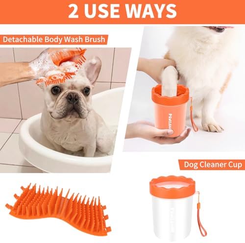 Professional 7 in 1 Dog Paw Cleaner for Dogs & Cats - Includes 1 Portable Paw Washer, 1 Bath Brush, 2 Dog Toothbrushes and 3 Absorbent Towels Note: Fits Paws up to 2 Inches Wide (Orange, Small)