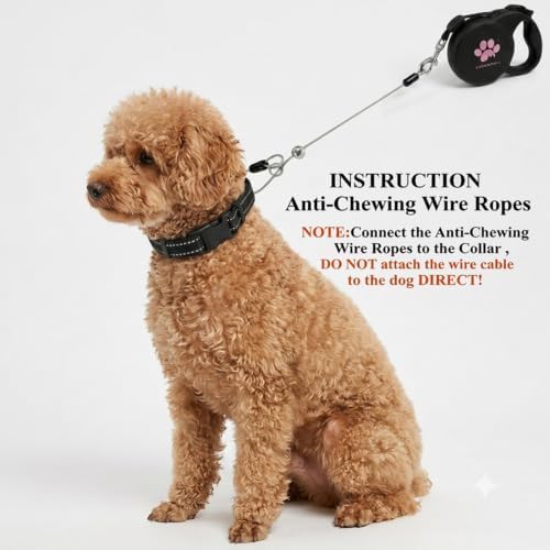Chew Proof Retractable Dog Leash for Small Dogs up to 33lbs, 10ft Heavy Duty Dog Lead with Anti-Chewing Steel Wire Rope, Tangle-Free, One-Hand Brake & Lock, Black S