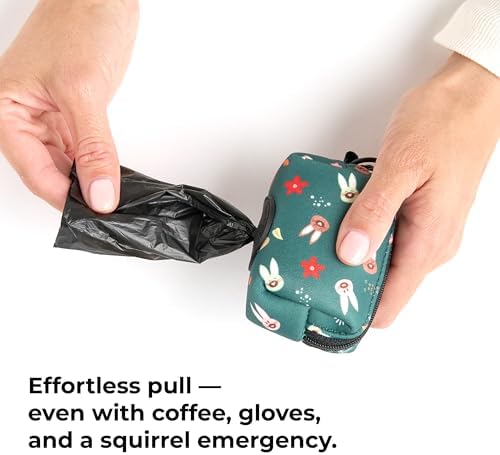 KIKI & RIKI Premium Dog Poop Bag Holder, Waste Bag Dispenser with Leash Clip, Artist-Designed Print (Designed in Georgia), Includes 1 Starter Roll of Bags, Fits Standard Rolls, Green (Berry Forest)