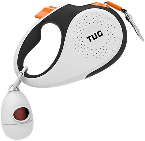 TUG 360° Tangle-Free Retractable Dog Leash with Waste Bag Dispenser (Small, White/Orange)