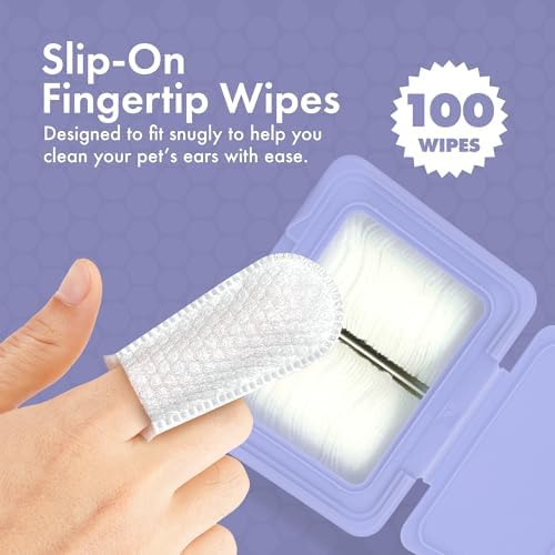Petkin Fingertip Ear Wipes for Dogs and Cats, 100 Finger Wipes - Slip-On, Snug Fit, Micro-Bristle Fabric - Cleans Ears, Dirt, Odor and Wax - Convenient, Ideal for Home and Travel - Fresh Scent