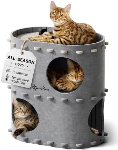 DownyPaws Cat House for Indoor Cats, 2-Storey Cat Bed Cave, Light Gray