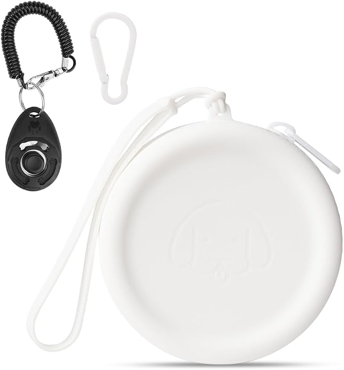 WALLFID Silicone Dog Treat Pouch Small Bag,with Pet Training Clicker,Walking Bag for Dog and Cat, Pocket Size, Easy to Clean, Odorless, Zipper Design,Moisture-Proof,Travel Walking Bag.(White)