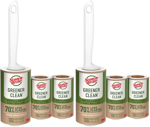 Scotch-Brite Greener Clean Lint Roller, Reusable Lint Rollers for Clothes, Furniture, and Pet Hair, Tidy Up Fabrics with a More Sustainable Fuzz Remover, 1 Roller, 2 Refills (Pack of 2)