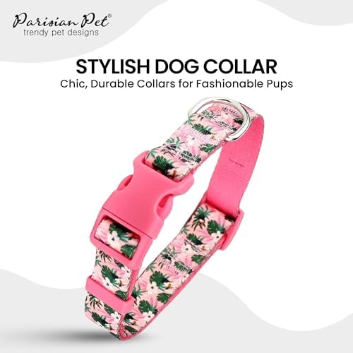 Parisian Pet Floral Pink Dog Collar - Adjustable Tropical Toucans Pet Collar with Secure Buckle and Metal D-Ring - Comfortable Designer Girl Puppy Collars - Durable Nylon Dog Collars for Small Dogs