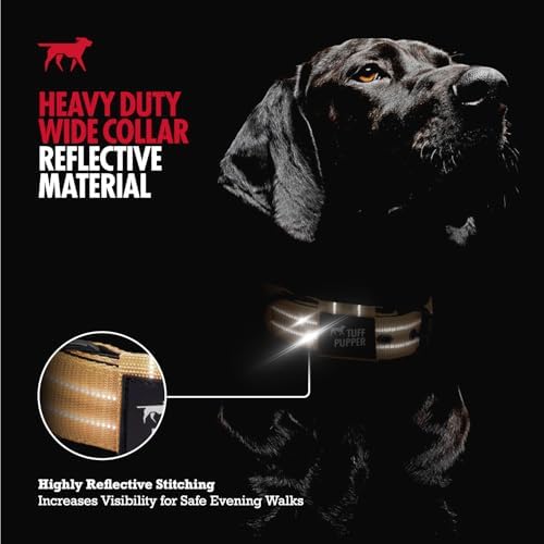 Tuff Pupper Heavy Duty Tactical Dog Collar | 1.5" Wide Ballistic Nylon | Reflective Stitching | Integrated ID Tag Holder | Stainless Steel Buckle | Padded Lining | Medium & Large Dogs (Tan, Large)