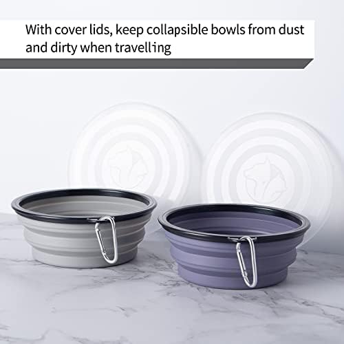 SLSON Dog Bowls Pet Collapsible Bowl with Cover Lids,2 Pack Dog Travel Bowls Portable Foldable Cat Water Dish Bowl for Pets Walking Parking Camping (Taro Purple and Concrete Gray, Large)