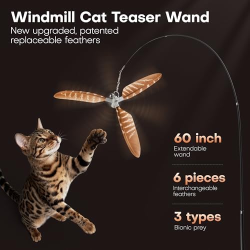 Potaroma Cat Wand Toy, Retractable Carbon Fiber Feather Teaser with Bells