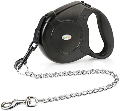 Idepet Heavy Duty Retractable Dog Leash for Small and Medium Dogs, Anti-Chewing Steel Chain 360 Degree Tangle-Free,Break and Lock System,16ft Leash for Dog Walking (Black, Flat Rope)