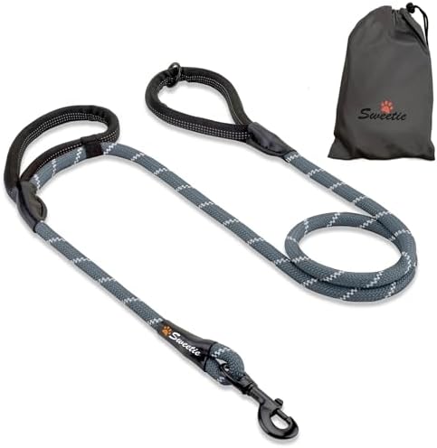 Sweetie Rope Dog Lead - Strong Leash with 2 Comfortable Padded Handles 5 FT for Medium & Large Size Pets - Reflective, Weather Resistant & O-Ring. Grey