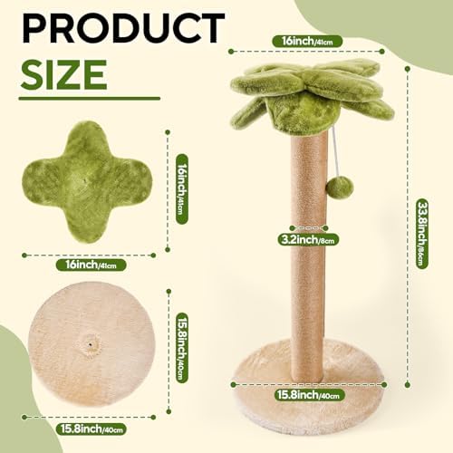 LIFLIX Cat Scratching Post Palm Tree Shape, Sturdy 34 inches Tall Sisal Scratch Post with Interactive Dangling Ball, Cute Cat Scratcher for Indoor Cats