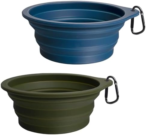 PetBonus 2-Pack Large Silicone Collapsible Dog Bowls, 34oz/1000ml BPA Free Portable Foldable Travel Bowl for Pet Cat, Food Water Feeding Dish for Camping with 2 Carabiners (Army Green, Navy Blue)