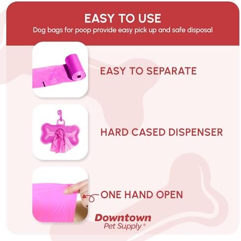 Downtown Pet Supply Poop Bags for Dogs with Dispenser, 220 Count - Leak-Proof Dog Waste Bags and Bone-Shaped Dog Poop Bags Holder for Leash - Pink, 12.5" x 8.5"