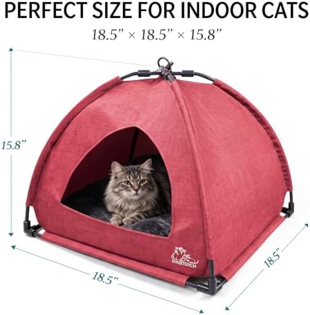 Winsterch Red Cat Tent Covered Pet House for Indoor Cats， Washable Cushion