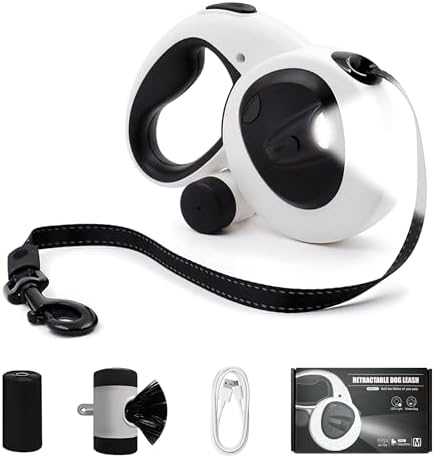 16Ft Retractable Dog Leash with LED Light, Heavy Duty Leash for Medium Dogs (20–66 lbs), 360° Tangle-Free, Built-in Poop Bag Dispenser