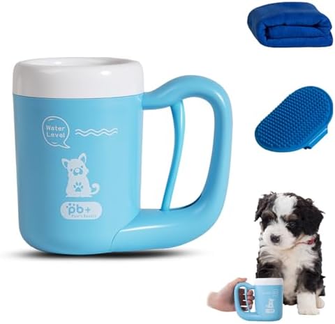 Medium Pet Paw Cleaner Cup - Easy Press Design Dog Foot Washer with Soft Massage Brush & Absorbent Towel - Reusable Durable Paw Cleaning Cup for Dogs Cats, Easy to Clean Handheld Bath Tool
