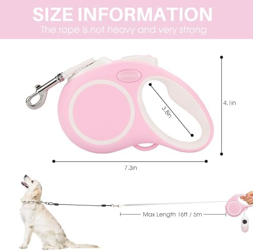 Upgraded 16 Ft Retractable Dog Leash with Chew Proof Cable - Pink