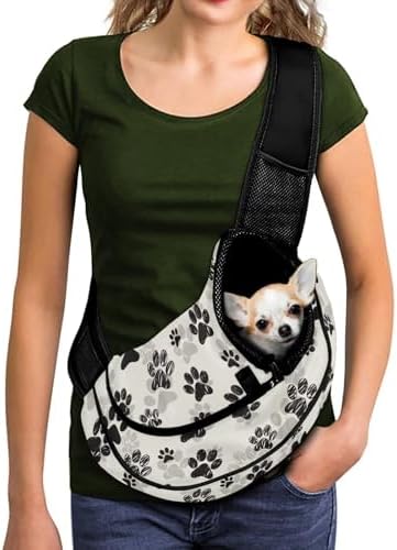 White Dog Paw Print Cat Sling Bag for Women Breathable Mesh Cat Sling Hands Free Pet Puppy Outdoor Travel Carrier Bag Adjustable Strap Puppy Harness