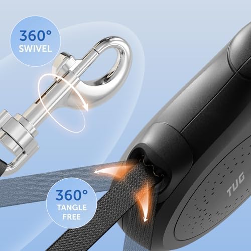 TUG Quest Retractable Dog Leash | 360° Tangle-Free | 16 ft Tape (S, Black)
