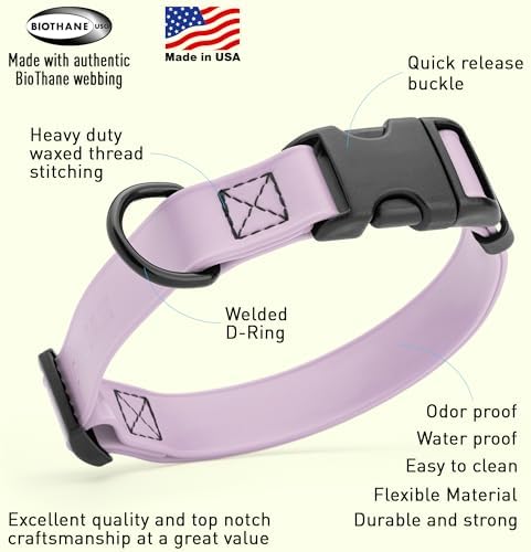 Dogline Biothane Waterproof Dog Collar with Quick Release Buckle Strong Coated Nylon Webbing with Odor- Proof for Easy Care Easy to Clean Fits Small Medium Large Dogs, Lavender 1" W 15-23" L