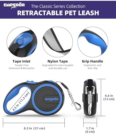 Emperor Pets Retractable Dog Leash, 16 ft, Up to 44lbs, Blue -BL16-20