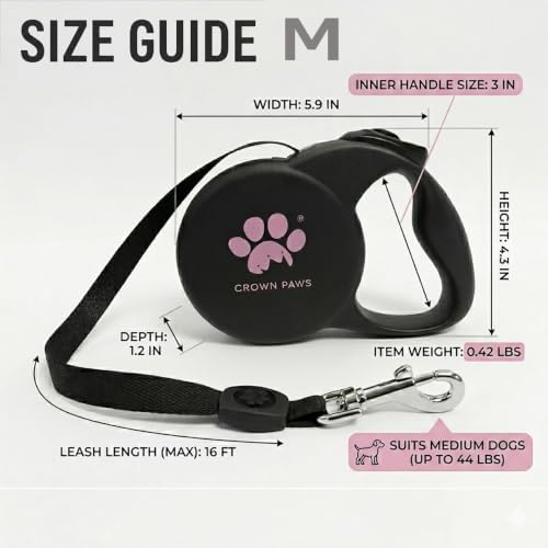 Chew Proof Retractable Dog Leash for Medium Dogs up to 44lbs, 16ft Heavy Duty Dog Lead with Anti-Chewing Steel Wire Rope, Tangle-Free, One-Hand Brake & Lock, Black M