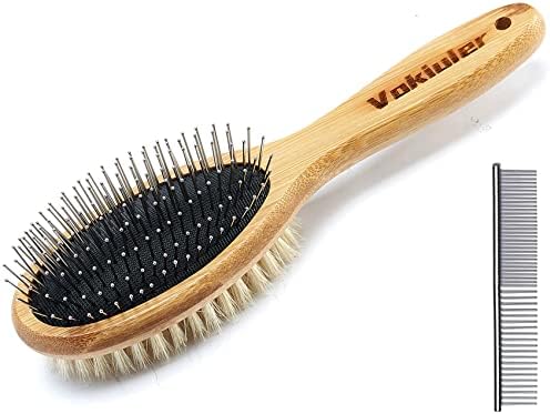 Dog Brush Cat Brush, Vokiuler Double Sided Bristle and Pin Pet Brush for Dog Grooming, Real Boar Bristle Shedding Brush with Bamboo Handle for Long Short Hair, 2 Pack Dog Comb, White