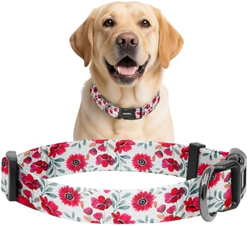 Kazazoo Dog Collar Cute and Soft Nylon Puppy Collar for Boy and Girl Dogs, Adjustable Dog Collars for Medium Dogs, Red Flowers-L