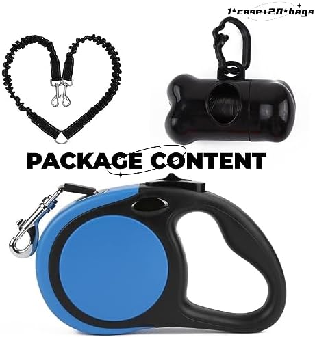 Dual Retractable Dog Leash Small Breed (Up to 44 Lbs Each) - 18.5 FT Extendable Double Headed Pet Leash with Poop Bags, Non Slip Grip - One Button Break & Lock, 360° Tangle-Free (Blue, Medium)