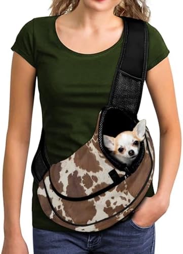 Brown Cow Dog Sling Carrier for Small Dogs Under 10 lbs Dog Carrier Adjustable Strap Cat Sling Carriers Small Pet Carriers Bag with Breathable Mesh Fabric Small Pet Supplies for Traveling