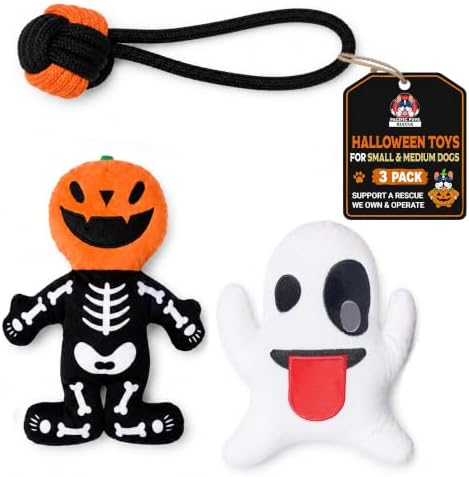 Pacific Pups Products Halloween Dog Toys for Small Dogs — 3-Pack | 2 Halloween Dog Plushies + Rope Toy | Soft, Squeaky & Spooky | Benefits Dog Rescue