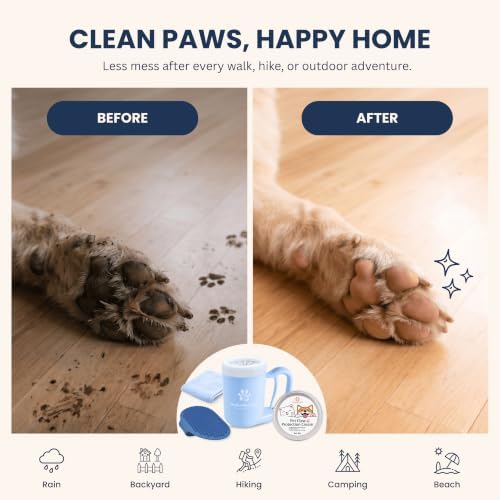Dog Paw Cleaner, Paw Washer Cup with Soft Silicone Bristles, Portable Dog Foot Washer, 4-in-1 Paw Cleaner Kit with Paw Balm, Microfiber Towel & Grooming Brush (Blue, Medium)
