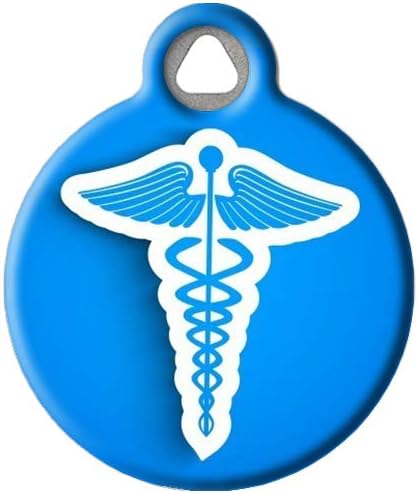 Blue Caduceus Medical Alert Pet ID Tag for Dogs and Cats, Silent Polymer Coated Stainless Steel Nametag with Customized Identification Information - Small .875" Diameter