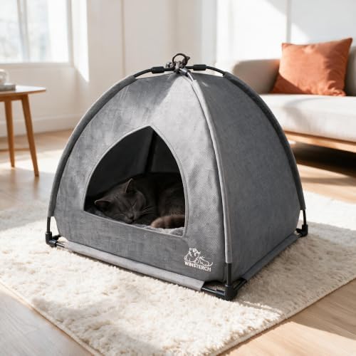 Winsterch Gray Cat Tent Covered Pet House for Indoor Cats, Washable Cushion